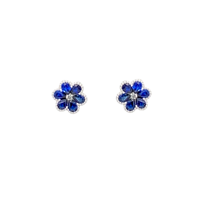 18 Karat White Gold Pear-Shape Blue Sapphire and Round Diamond Flower Studs