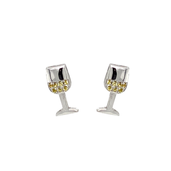 14 Karat White Gold Round Yellow Sapphire Chardonnay Wine Glass Stud Earrings