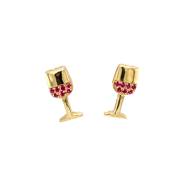 14 Karat Yellow Gold Round Ruby Cabernet Wine Glass Stud Earrings