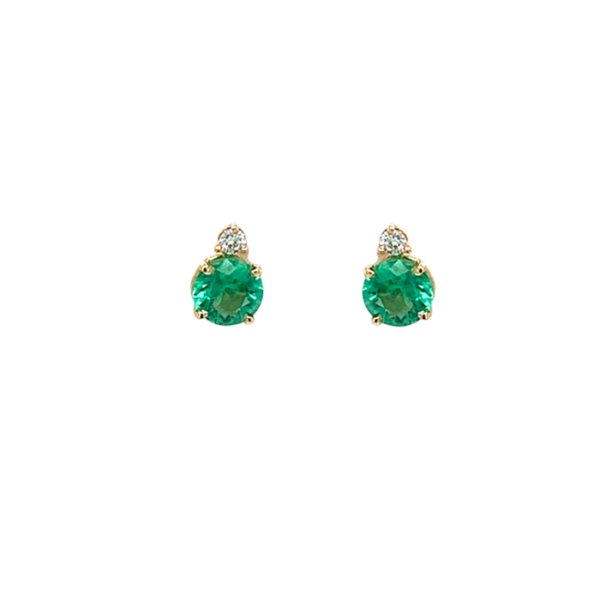 14 Karat Yellow Gold Round Emerald and Diamond Stud Earrings