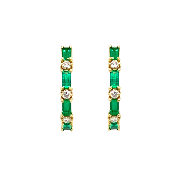 18 Karat Yellow Gold Baguette-Cut Emerald and Round Diamond Hoops