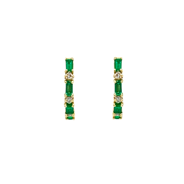 18 Karat Yellow Gold Baguette-Cut Emerald and Round Diamond Medium Hoop Earrings