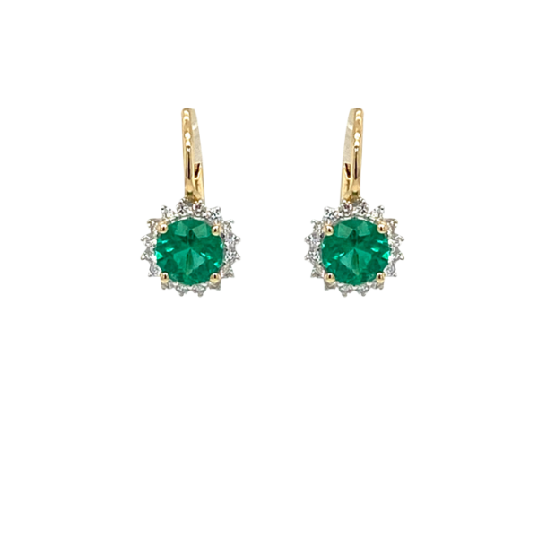 14 Karat Yellow Gold Round Emerald Drop Earrings