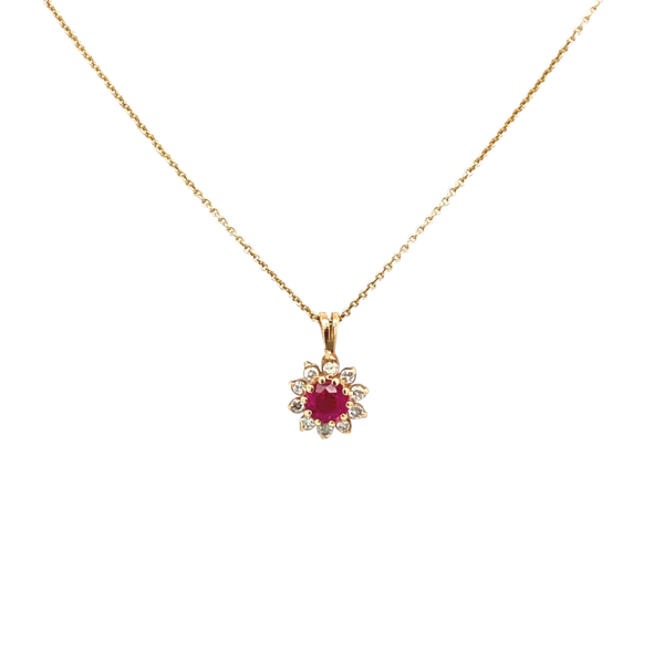 14 Karat Yellow Gold Ruby and Diamond Flower Pendant