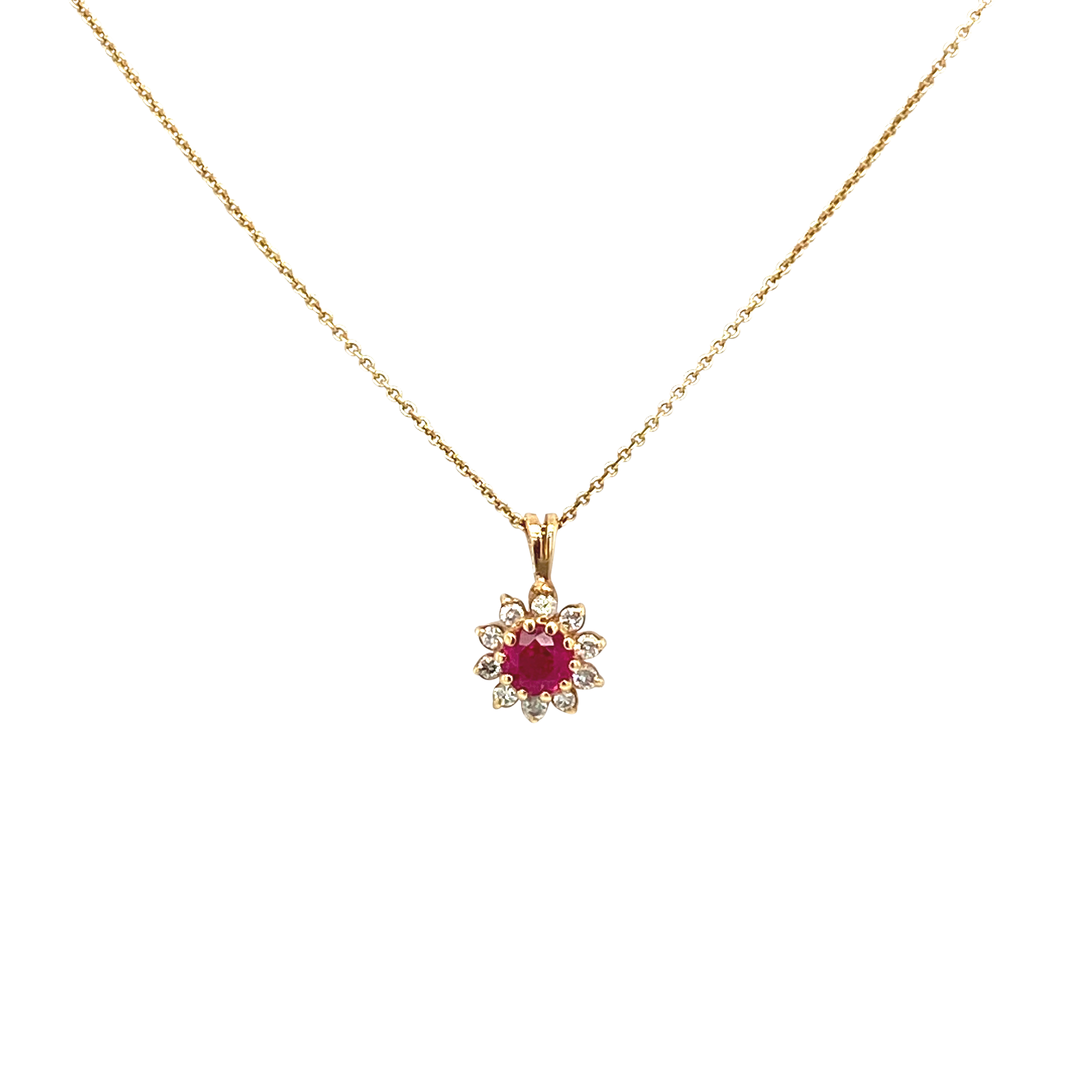 14 Karat Yellow Gold Ruby and Diamond Flower Pendant
