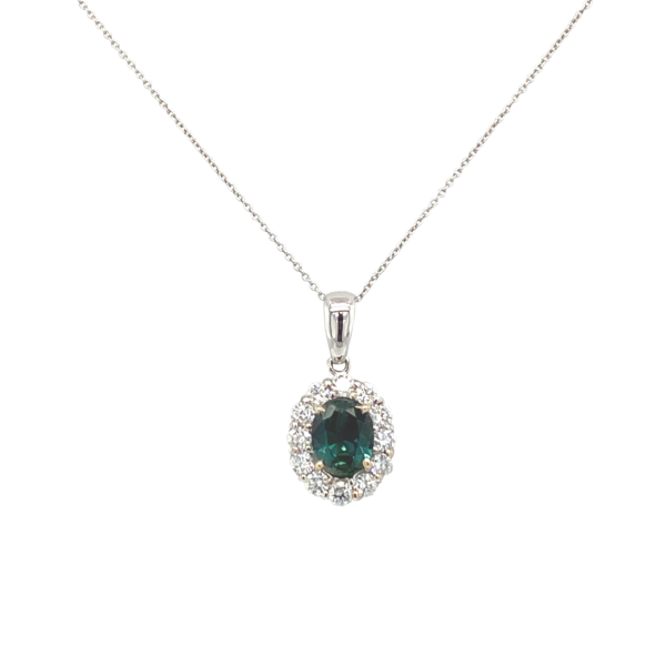 18 Karat White Gold Halo Sapphire and Diamond Pendant