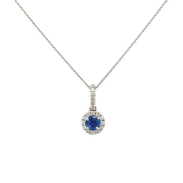 18 Karat White Gold Halo Sapphire and Diamond Necklace