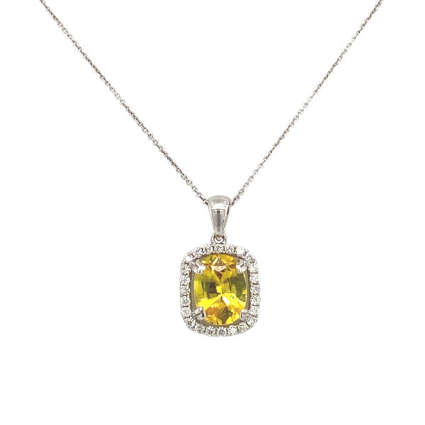14 Karat White Gold Yellow Sapphire and Diamond Halo Pendant