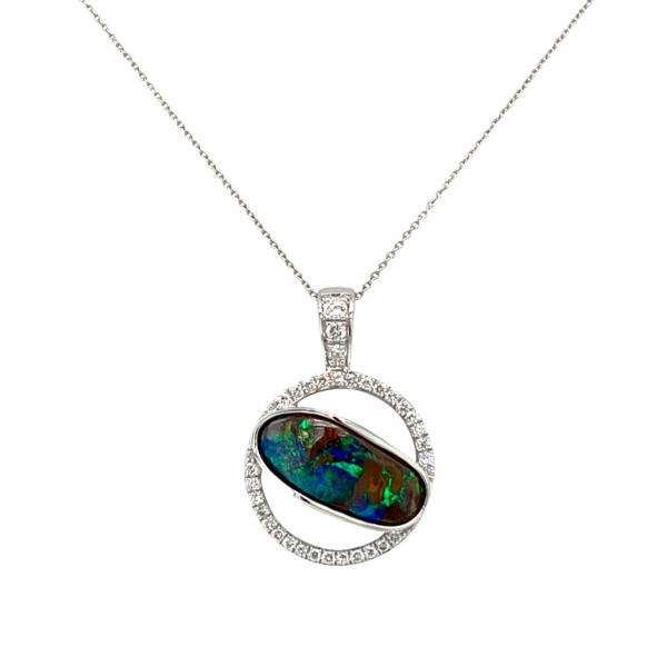 14 Karat White Gold Opal and Diamond Pendant