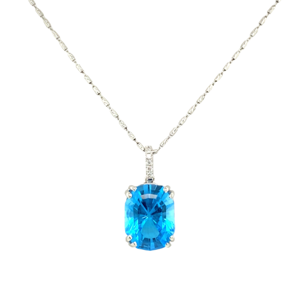 14 Karat White Gold Diamond and Blue Topaz Pendant