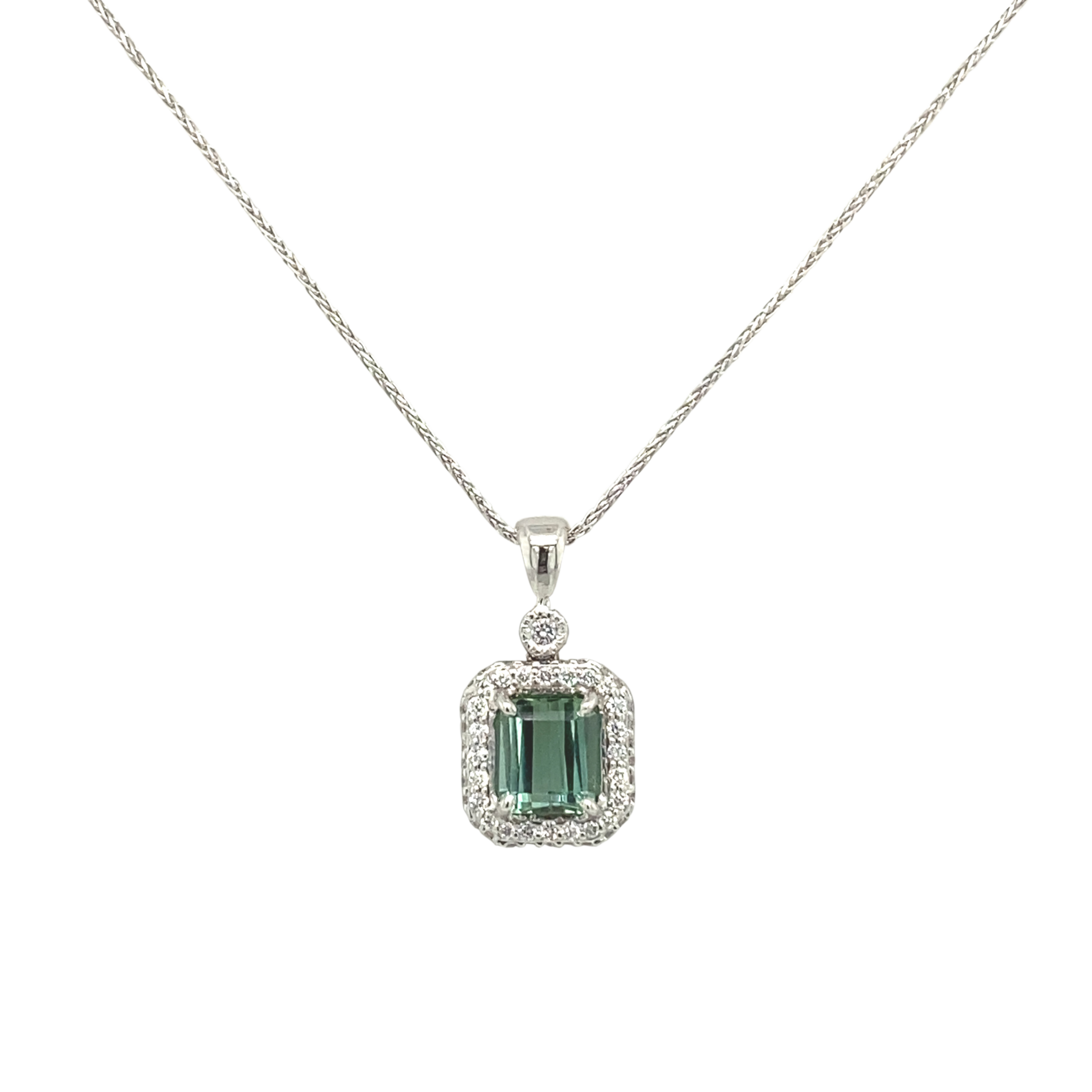 14 Karat White Gold Halo Emerald-Cut Aqua Pendant