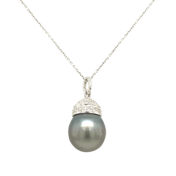14 Karat White Gold Tahitian Pearl and Diamond Drop Necklace