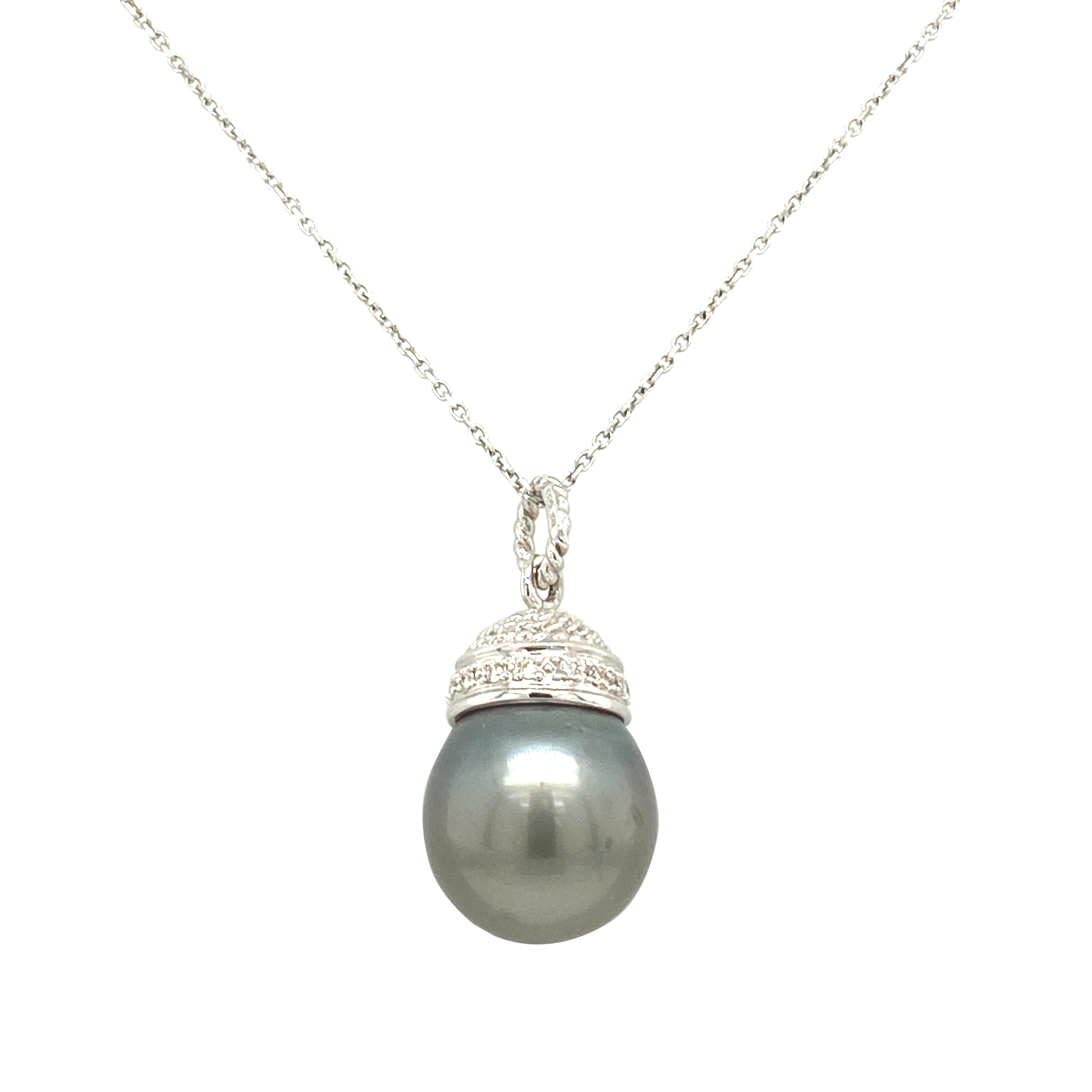 14 Karat White Gold Tahitian Pearl and Diamond Drop Necklace