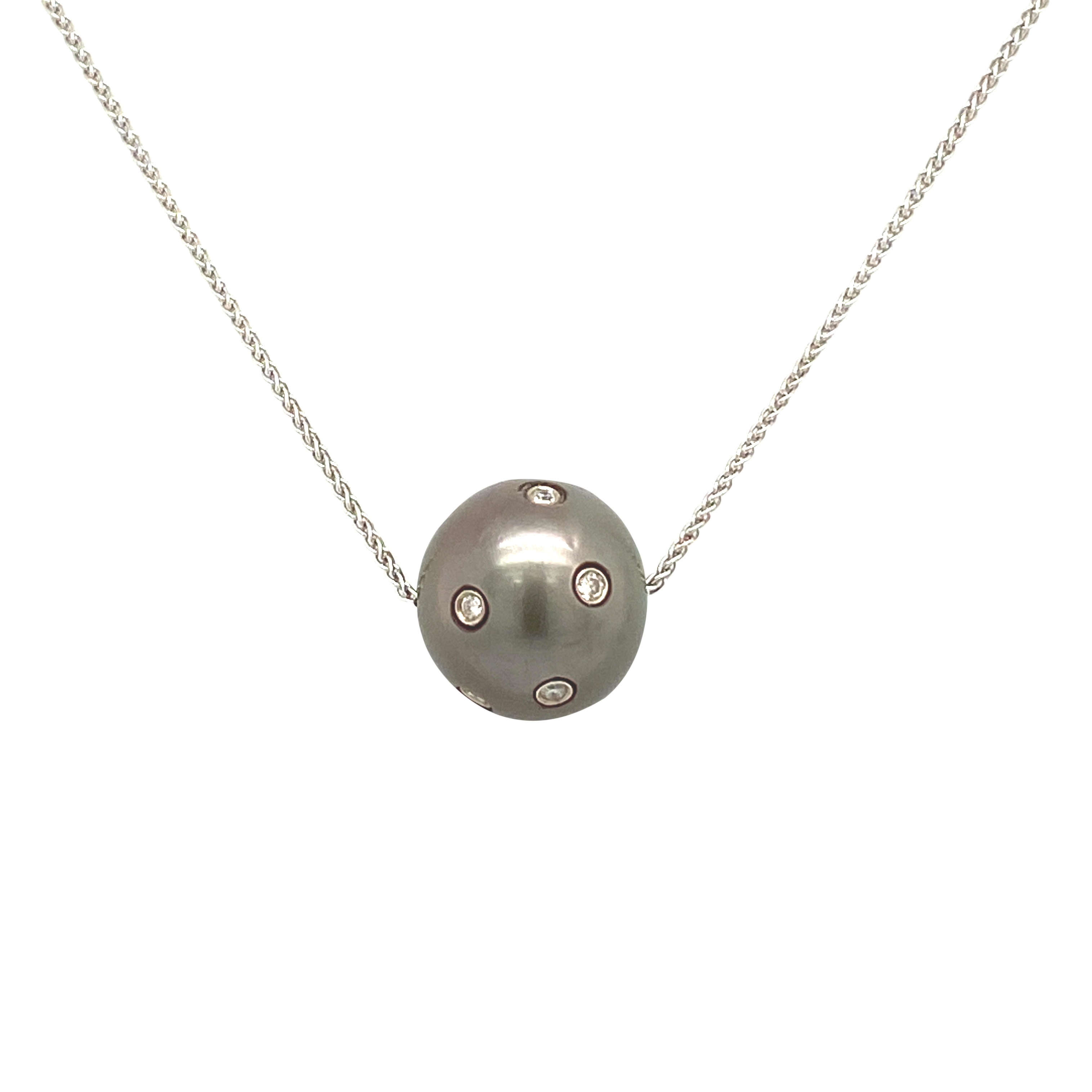 14 Karat White Gold Tahitian Black Pearl and Diamond Necklace