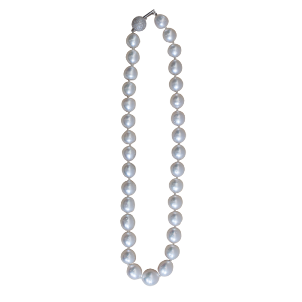 14 Karat White Gold Single Strand White Pearl Necklace with Diamonds