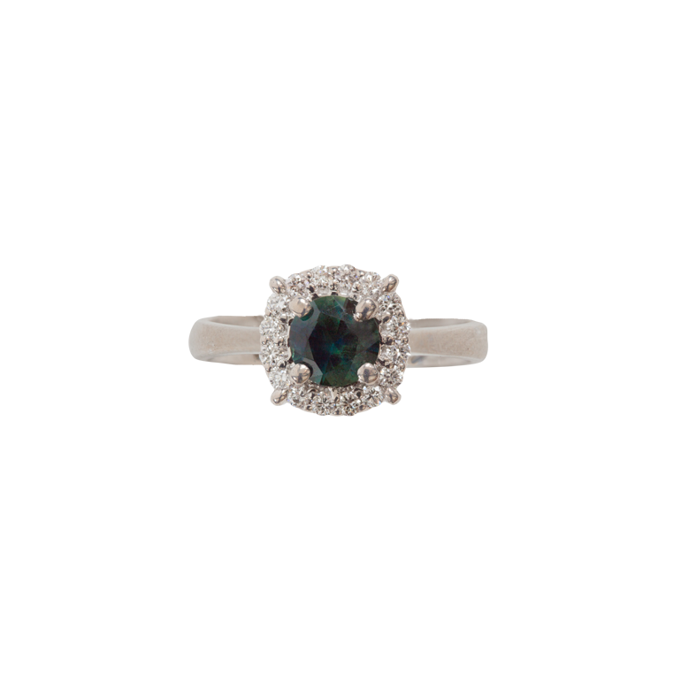 14 Karat White Gold Green Sapphire and Diamond Halo Ring