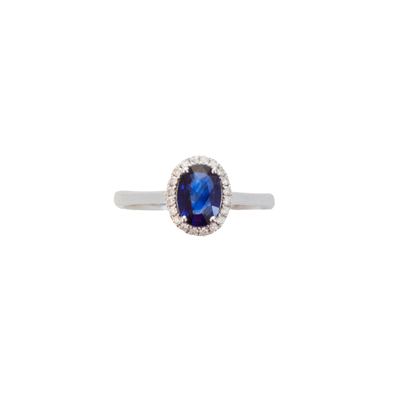 18 Karat White Gold Sapphire and Diamond Halo Ring