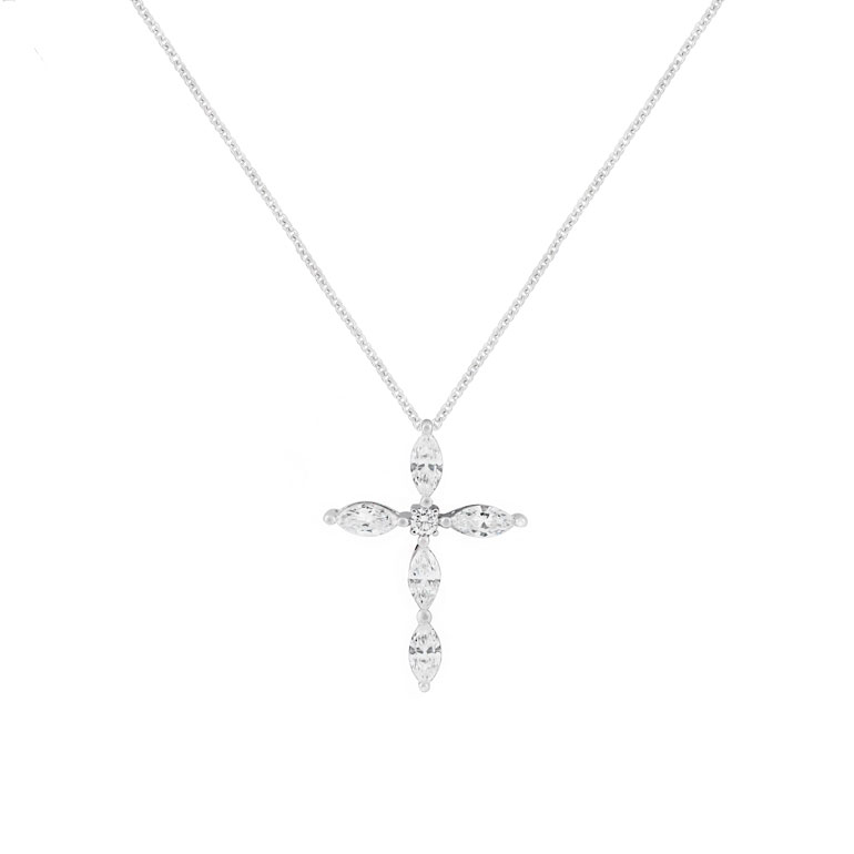 14 Karat Gold and Diamond Cross Necklace with 5 Marquise and 1 Round Diamond