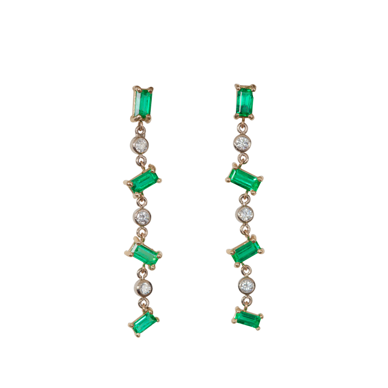 14 Karat Yellow Gold Baguette-Cut Emerald and Round Diamond Drop Earrings