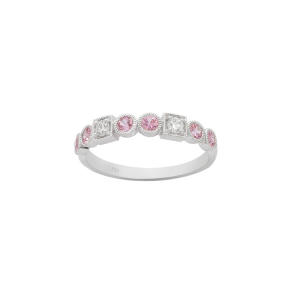 14 Karat White Gold Vintage-Style Bezel Diamond and Pink Sapphire Ring