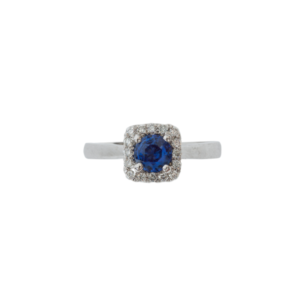 14 Karat White Gold Round Sapphire and Diamond Halo Ring