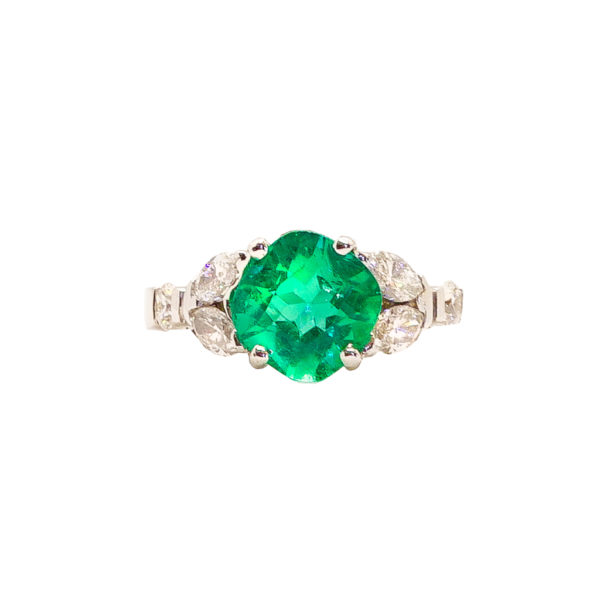 14 Karat White Gold Cushion-Cut Colombian Emerald and Diamond Ring
