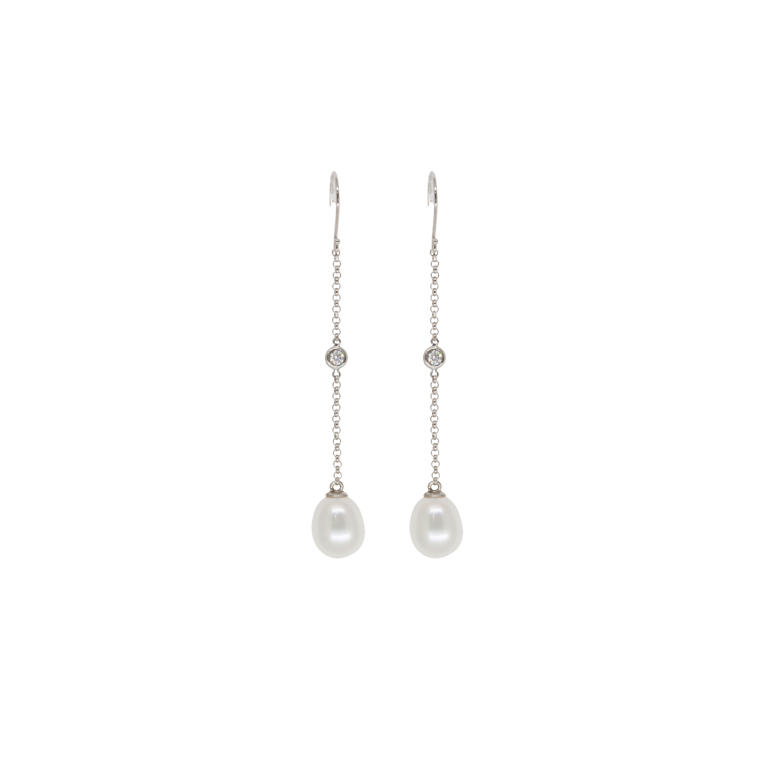 14 Karat White Gold Pearl and Diamond Pendant Earrings