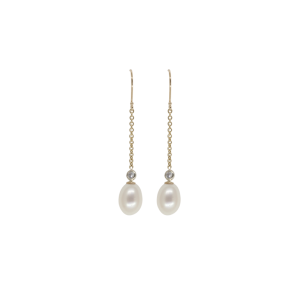 14 Karat Yellow Gold Freshwater Pearl and Round Diamond Drop Earrings