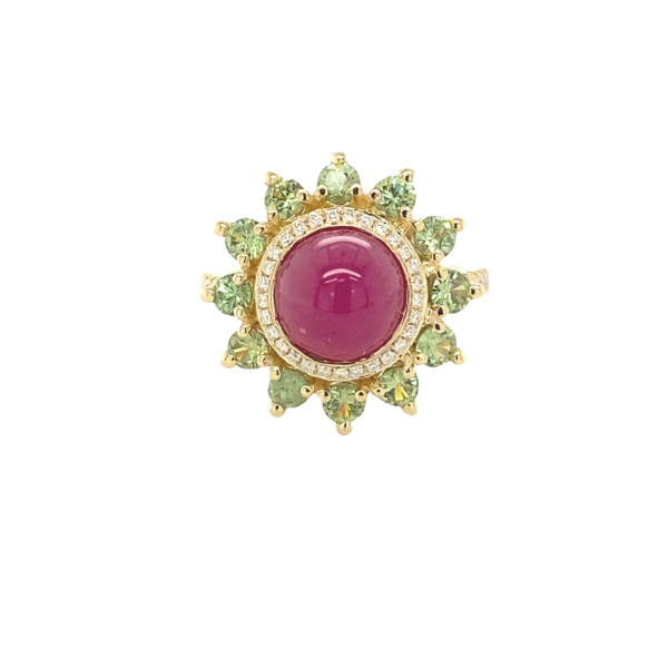 cabochon ruby and green garnet ring Vardys Jewelers